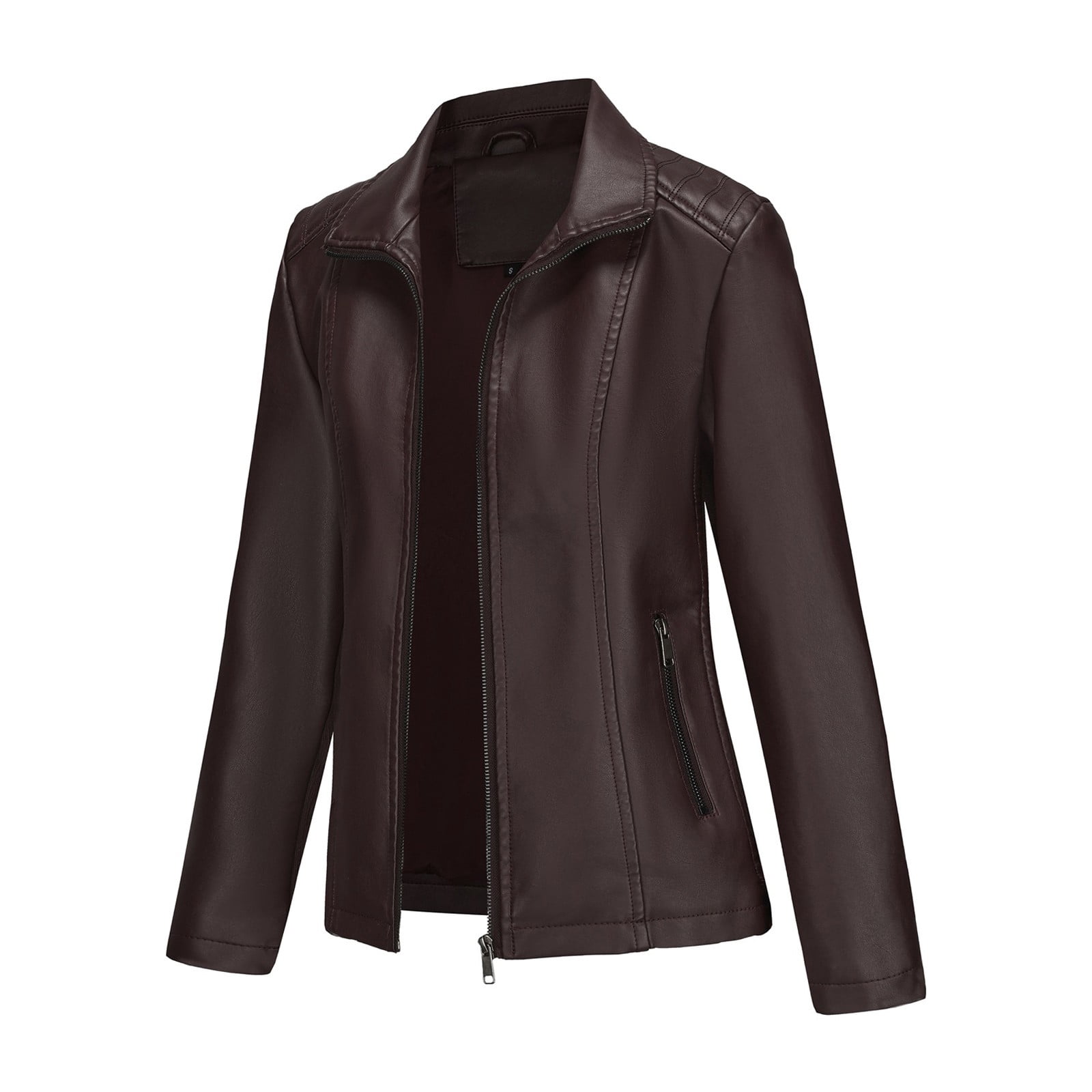 WTOBBY Women's Faux Leather Moto Jacket Short Coat Biker Style Casual Outerwear Solid Color Zippered Front with Stand Collar Edgy Street Look for Night Out,Coffee L