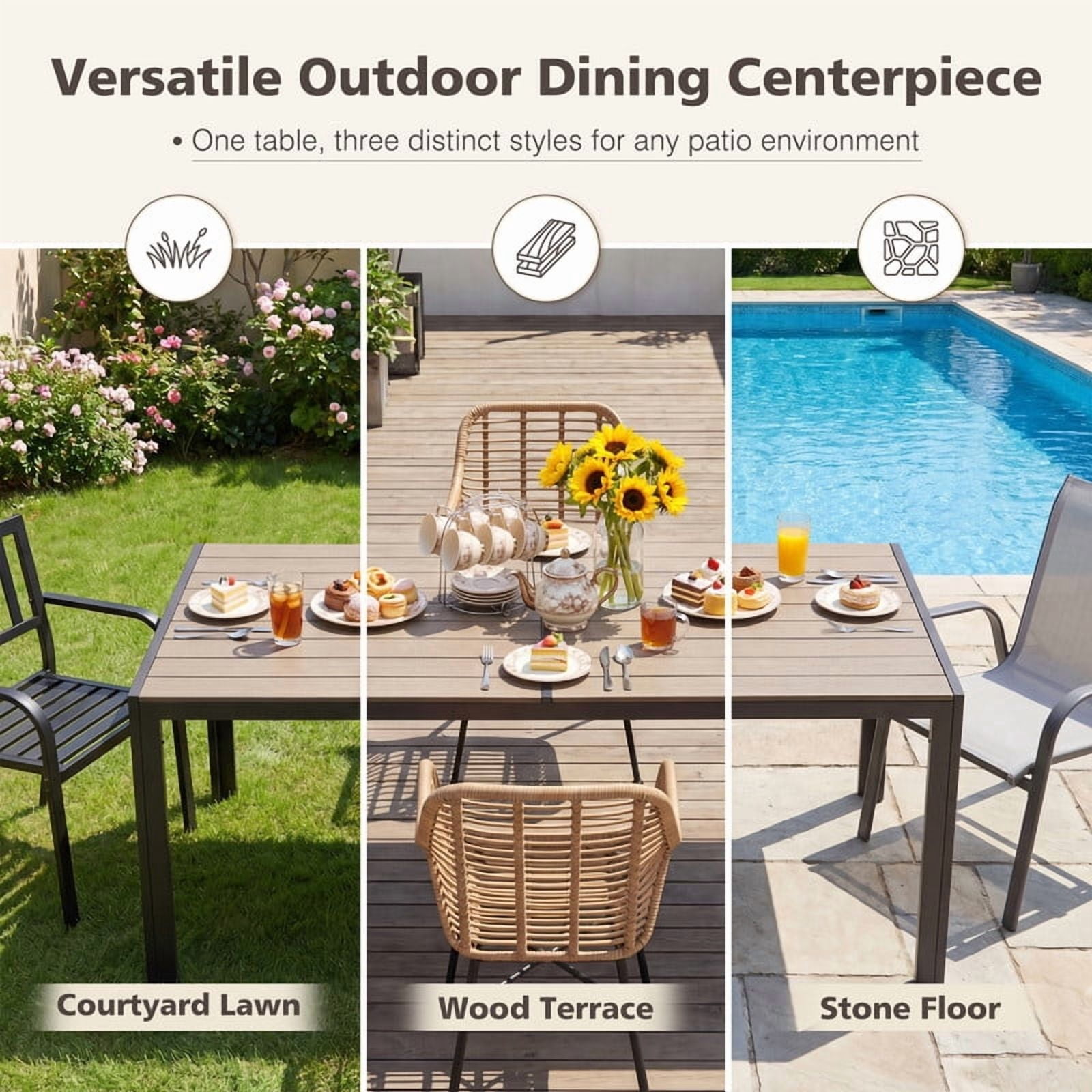 Vineego Weather Resistant Patio Dining Table, 59 x 36 Inch 6 Person Outdoor Dining Table for Garden Backyard Deck,Brown