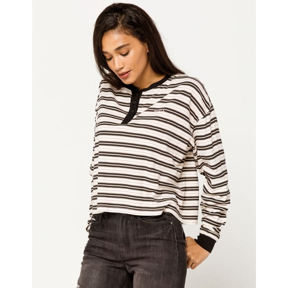 RVCA Women's Severin Stripe Henley Crop Long Sleeve Tee T-Shirt Top (X-Small, Black/Brown/White)