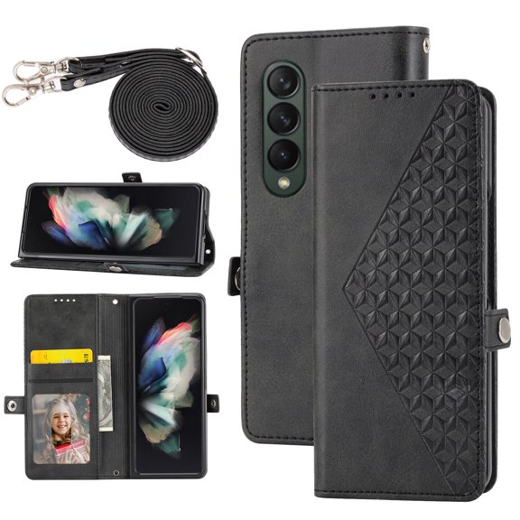 Case for Samsung Galaxy Z Fold 3 5G, Magnetic Matte Premium PU Leather Stand Flip Cover with Card Slots and Wallet, Shockproof and Full Body Protection Compatible with Z Fold 3 - Black