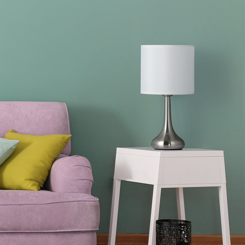 Modern Lamp with White Brushed Steel Metal Base and Green Leaf Pattern Shade