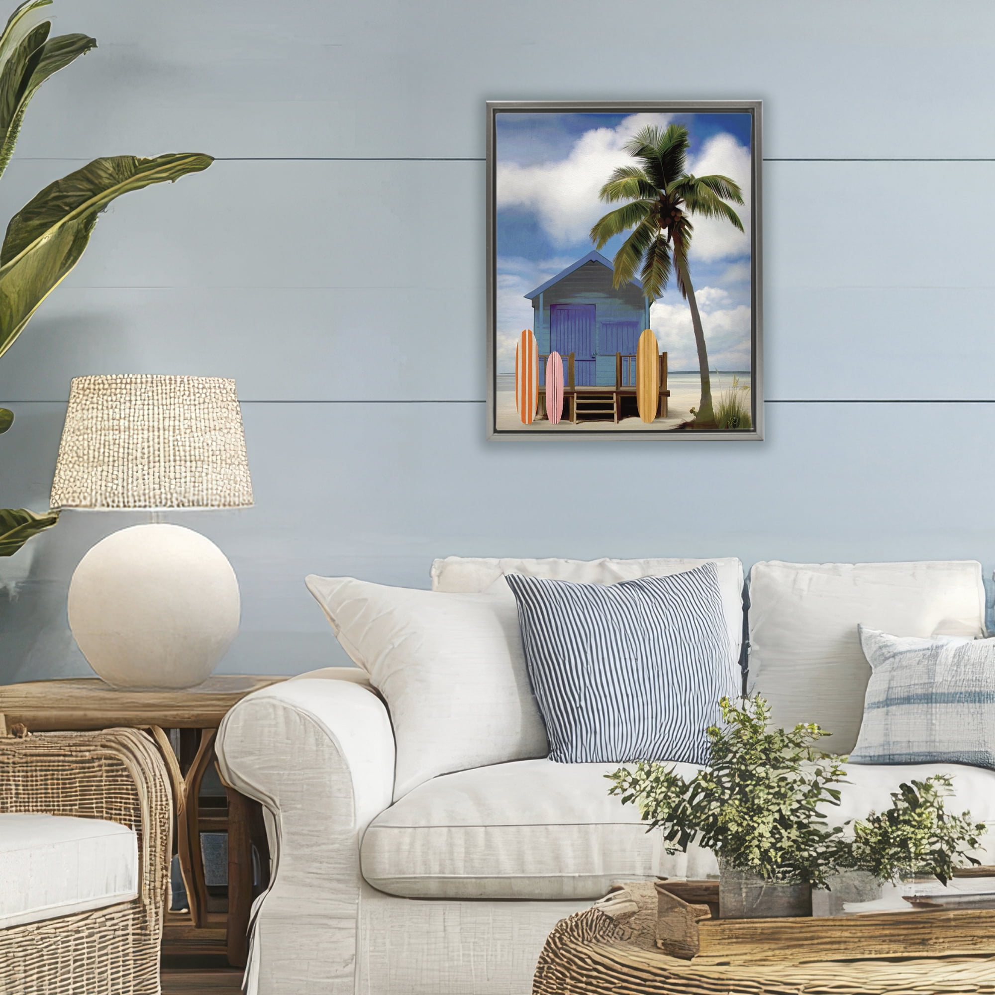 Stupell Industries Palm Overhanging Surf Shop Gray Framed Floater Canvas Wall Art, design by Lisa R Dumm