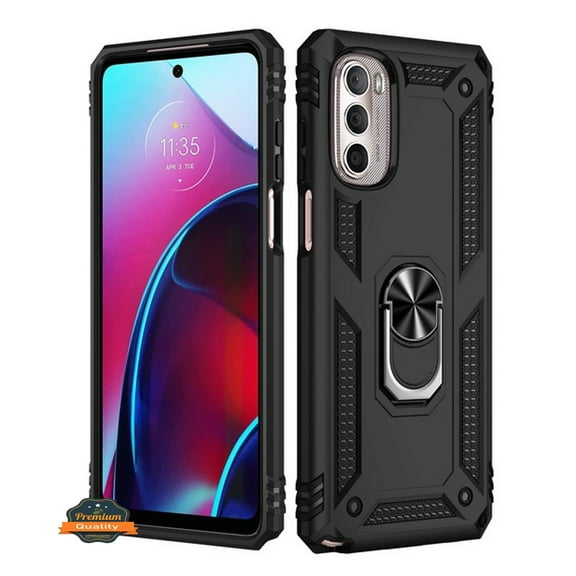 For Motorola Moto G Stylus 5G 2022 Shockproof Hybrid Dual Layer with Ring Stand Metal Kickstand Heavy Duty Armor Shell Phone Case Cover by Xpression - Black