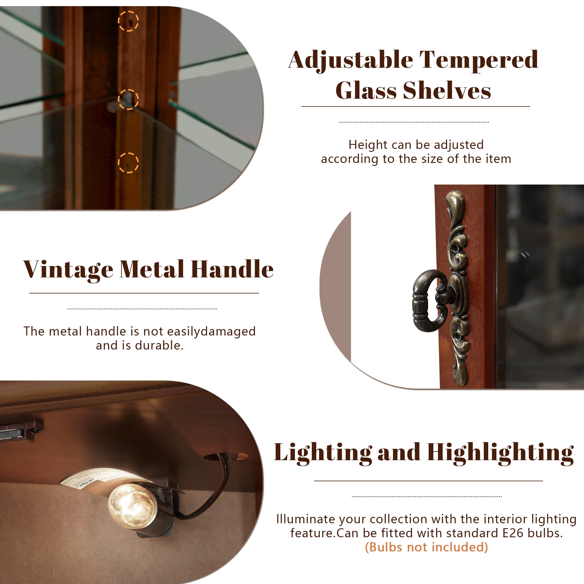 Miniyam 5 Shelf Corner Curio Display Cabinet with Lights,China Display Cabinet with Glass Doors,Lighted Display Cabinet,Walnut(E26 light bulb not included)