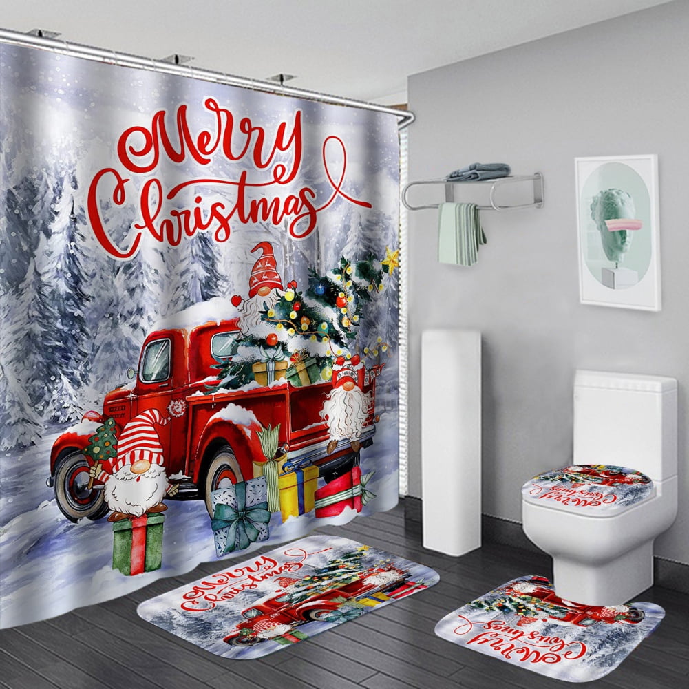 4 Pcs Christmas Shower Curtain Sets with Rugs Red Truck with Xmas Tree