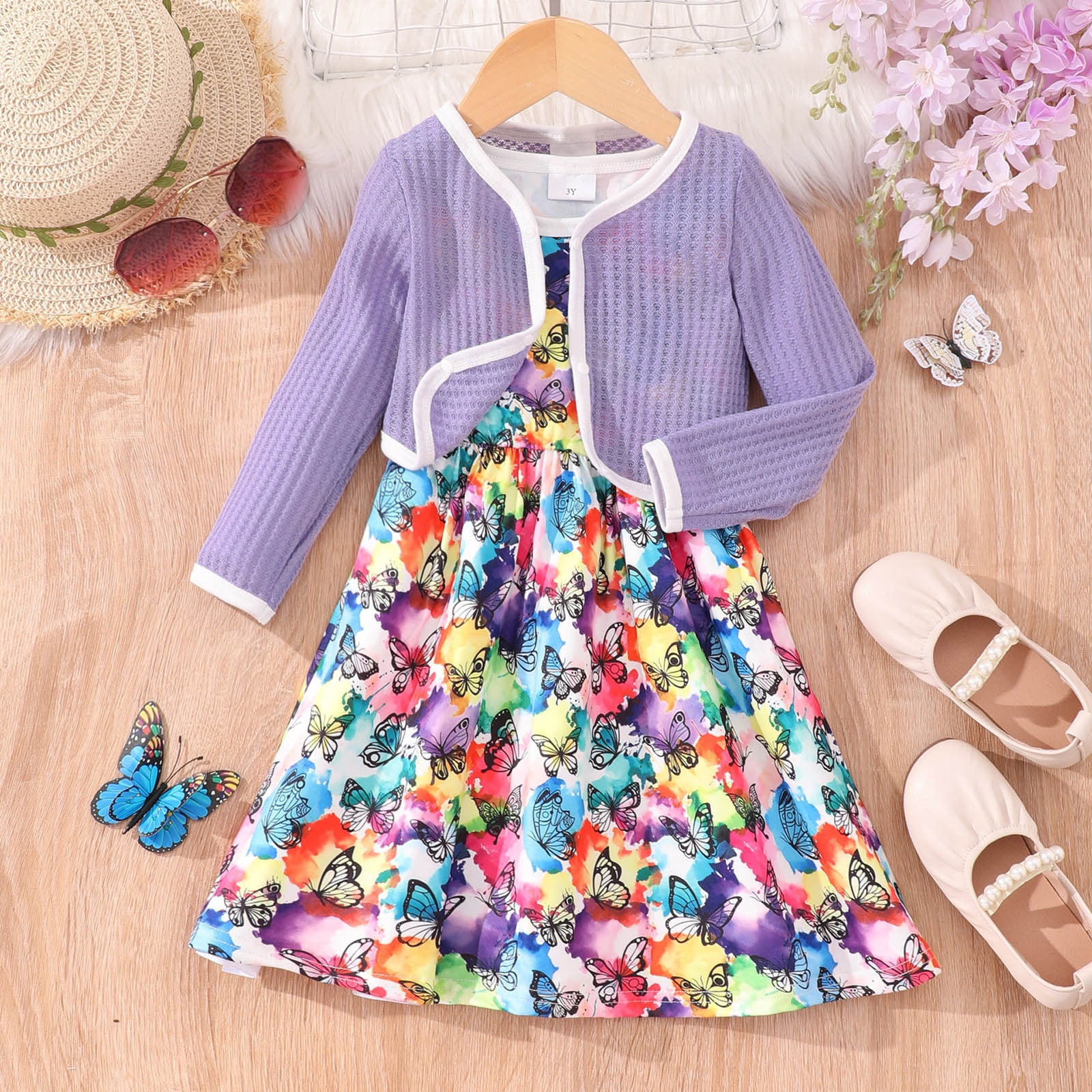 Girl Outfits Long Sleeve Butterfly Floral Print Coat And Dress 2Pcs Outfits Clothes Set Fall Winter Clothes Baby Clothing Purple 6 Years-7 Years