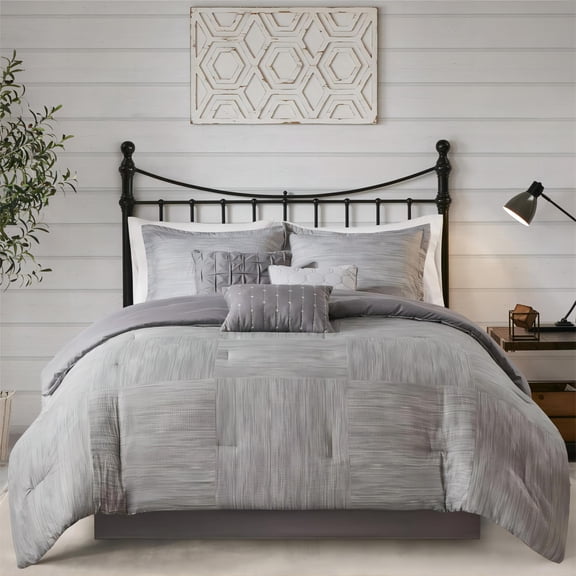 Madison Park Queen Size 7 Piece Printed Seersucker Comforter Set Grey,Bed in a Bag,All Season Bed Set,Cozy and Lightweight