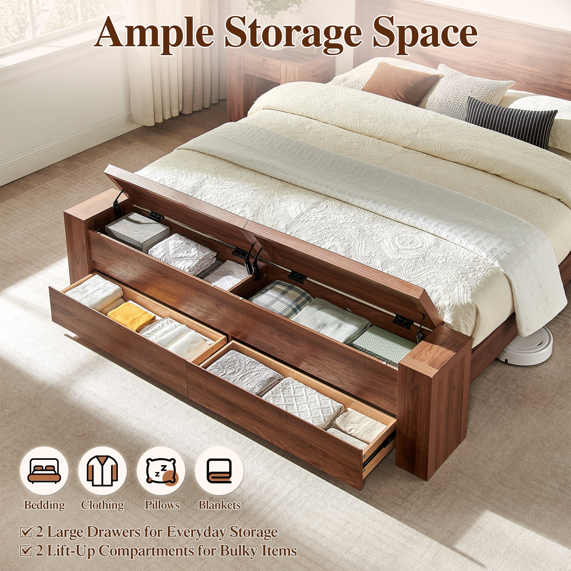 KeyWhat Modern King Size Storage Bed Frame with Panel Headboard, Footboard Storage Bench, Built-In Drawers, Lift-Up Compartments, No Box Spring Needed, Light Walnut