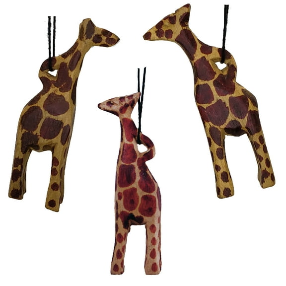 Handcrafted Wooden Giraffe Ornament Hanging Figurine Décor Art by the Tribesmen of Kenya Holiday Christmas Tree Arrangement Set of 3
