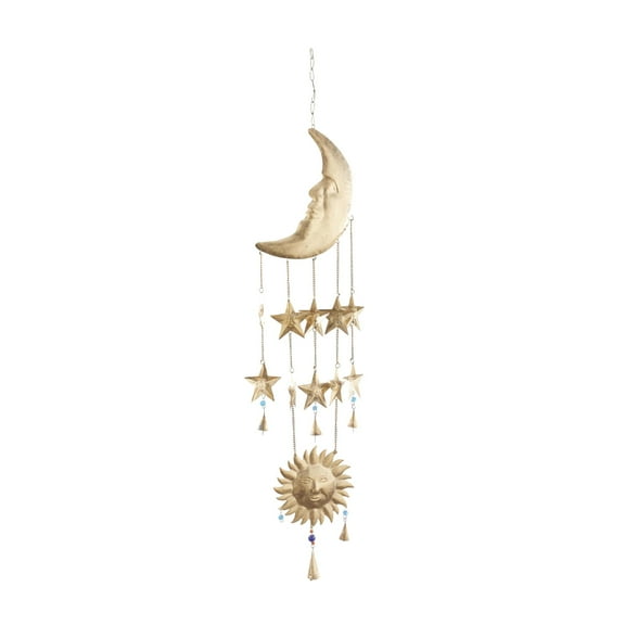 DecMode Gold Eclectic Metal Moon and Sun Windchime Bell with Multi-Colored Beads, 9"L x 39"H,