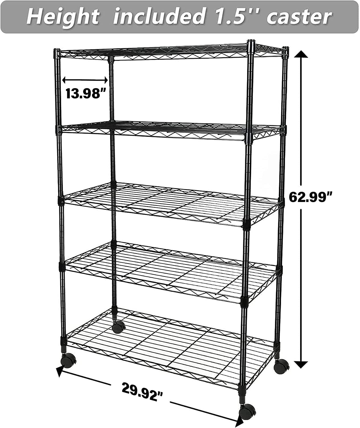 Simple Deluxe Heavy Duty 5-Shelf Shelving Unit with Wheel and Adjustable Feet, 29.92" D x 13.98" W x 62.99" H, Black