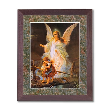 Guardian Angel Picture Frame - Guardian Angel With Children On Bridge Religious #2 Wall Picture Cherry Framed Art Print