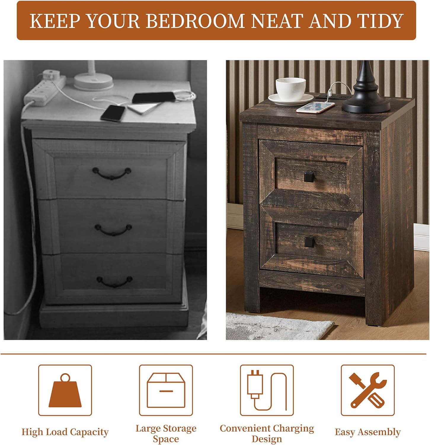 Merluxy Nightstand Set of 2 with Charging Station, Farmhouse Wood Bedside Table with Dark Oak