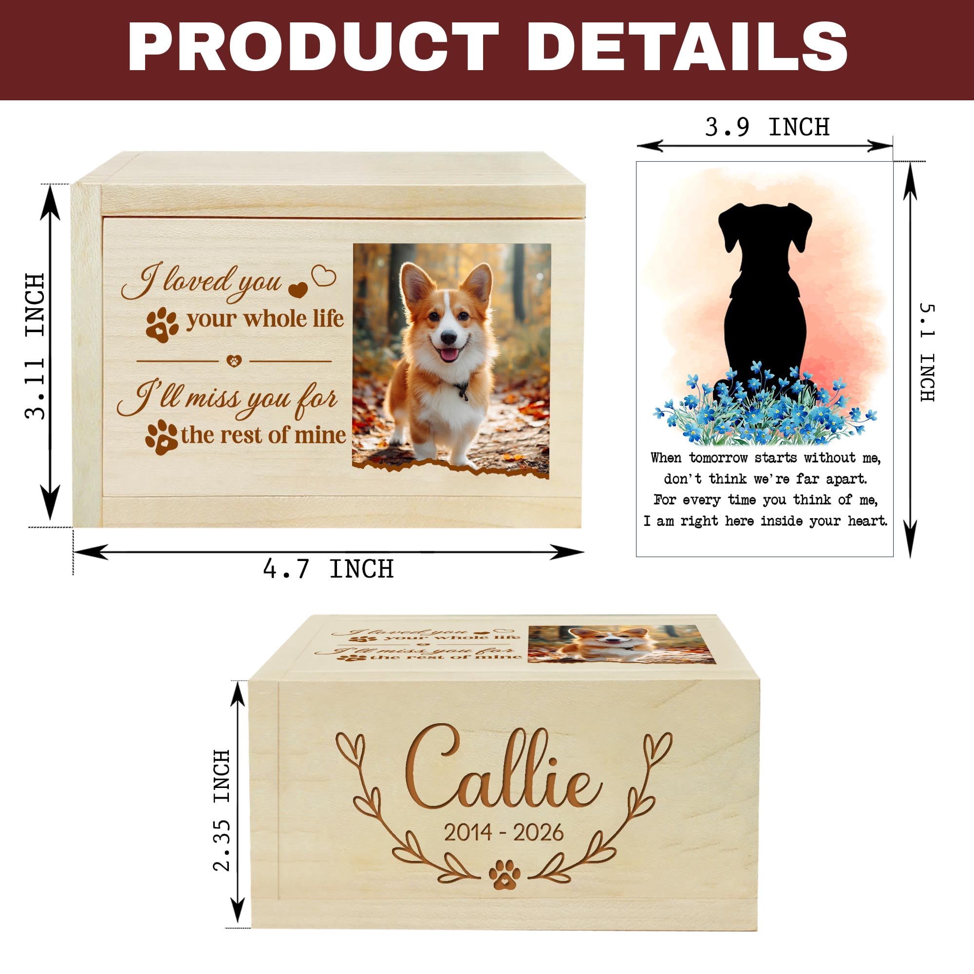 Personalized Wooden Dog Urn with Photo, “I Love You Your Whole Life, I Will Miss You The Rest Of Mine” Pet Memorial Box, Small Rectangular Cremation Urn for Dogs