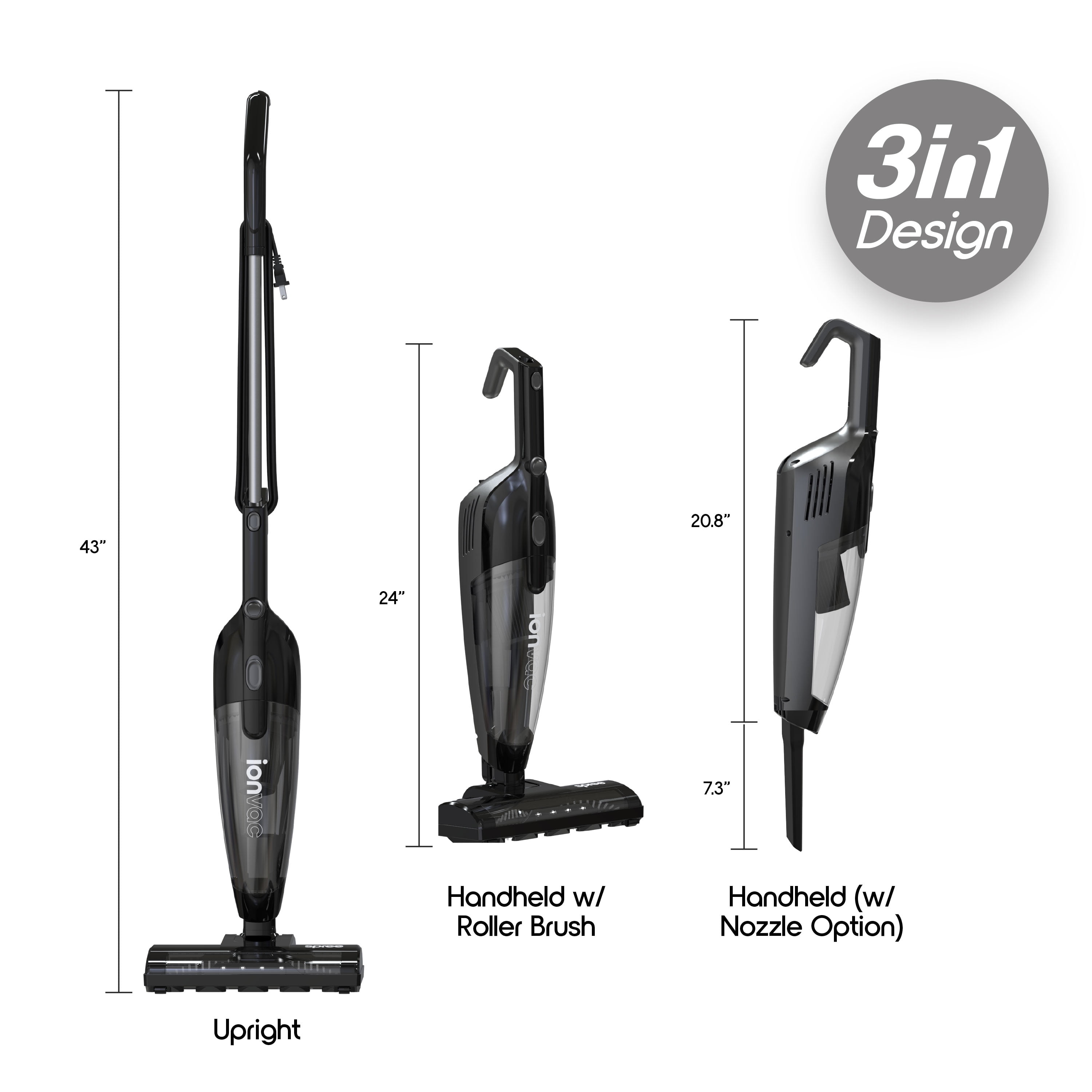 Ionvac Spree Corded Stick Vacuum, Multi-Surface 3-in-1 Upright/Handheld Vacuum Cleaner with Carpet Cleaner Brush and LED Lights, Model #8899