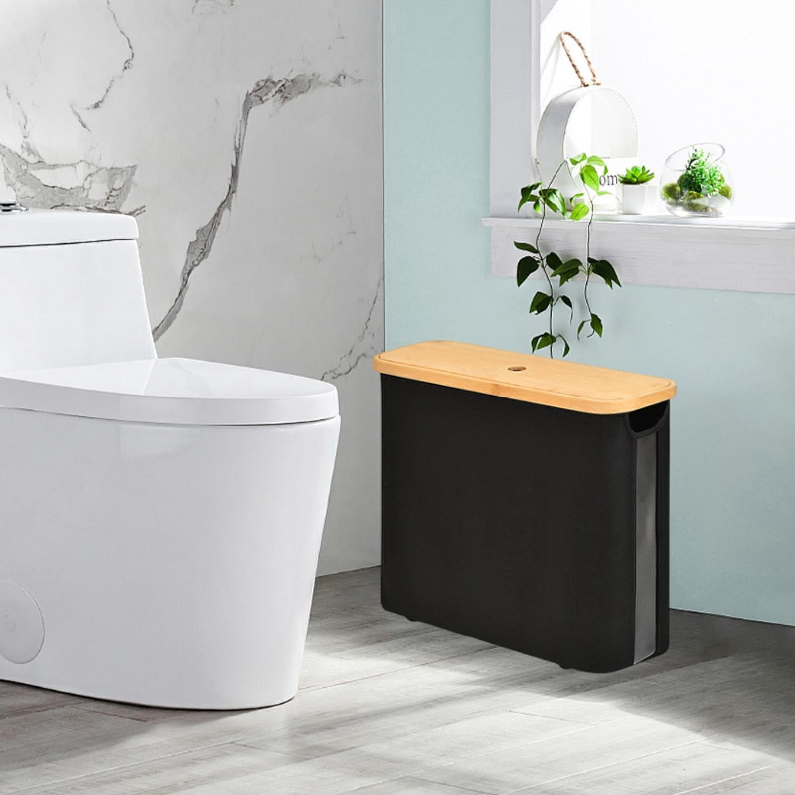 Fiocias Toilet Paper Holder Multifunctional Accessories Container with Bamboo Lid Toilet Black