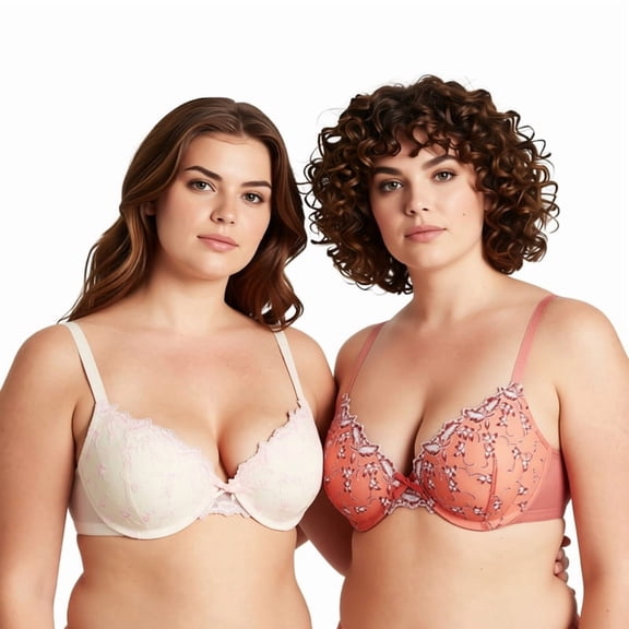 Curve Muse Women's Plus Size Add 1 Cup Push Up Underwire Lace Embroidery Bras-2PK-BUTTER MILK,Mecca Orange-32B