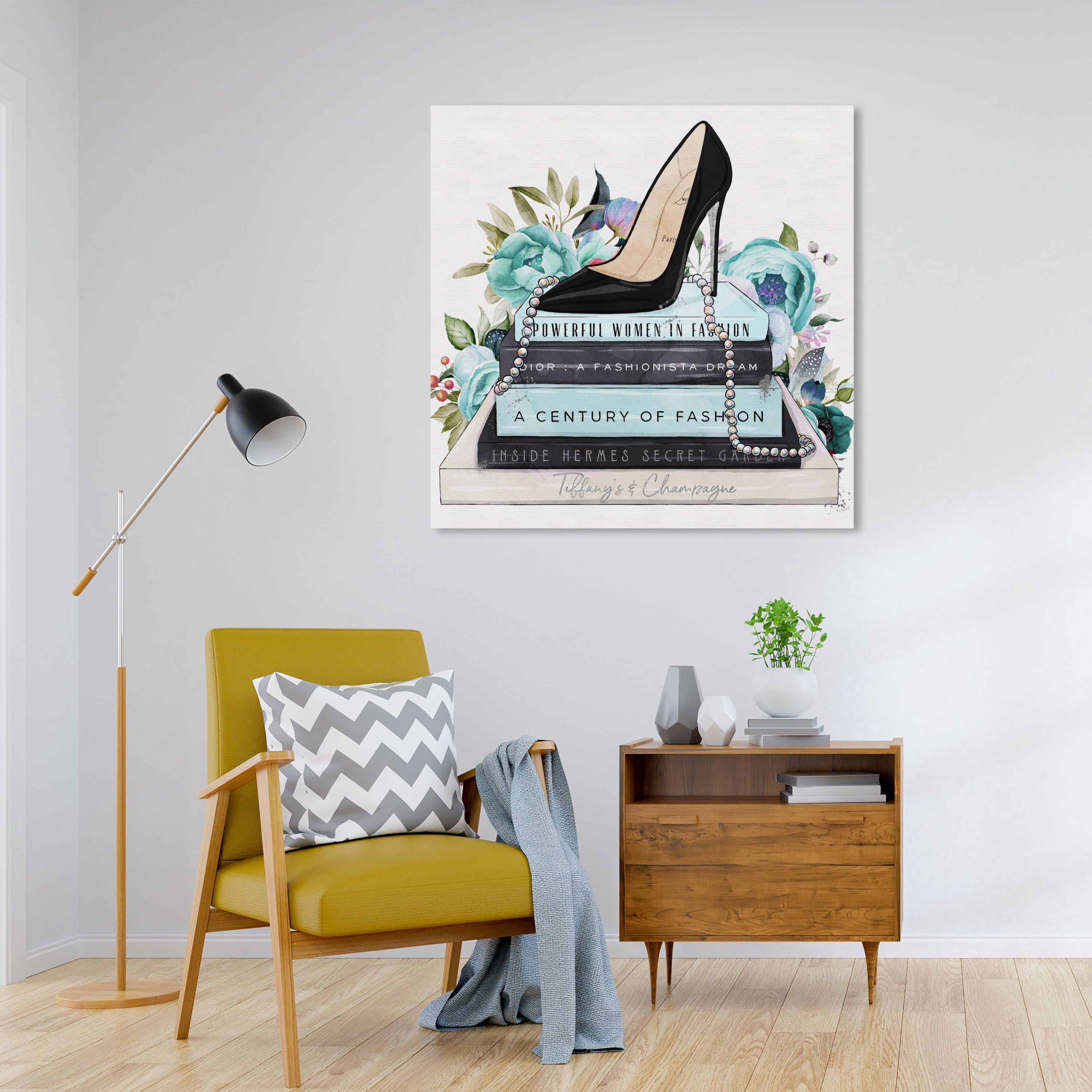 Wynwood Studio Canvas Classic Stiletto and High Fashion Books Blue Floral Fashion and Glam Books Wall Art Canvas Print Blue Teal 30x30