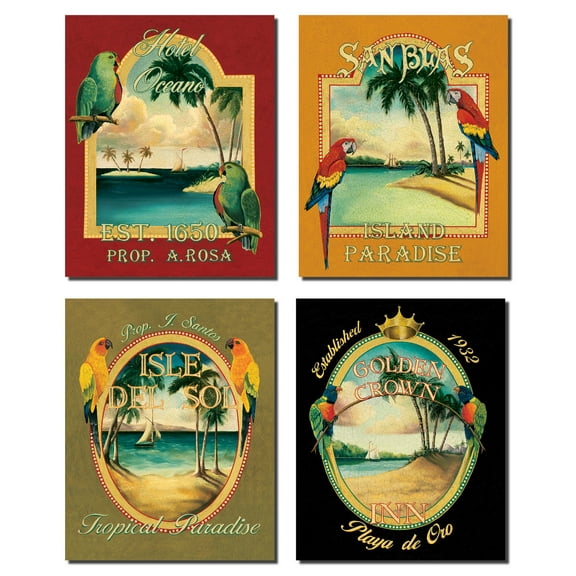 4 Retro Tropical Ocean Side Hotel Ads; Four 8x10 Poster Prints