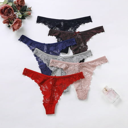 

6 Pack Women Sexy Lace Underwear Thong with Cute Bow Plus Size Lace Panties Low Waist Hipster Panties