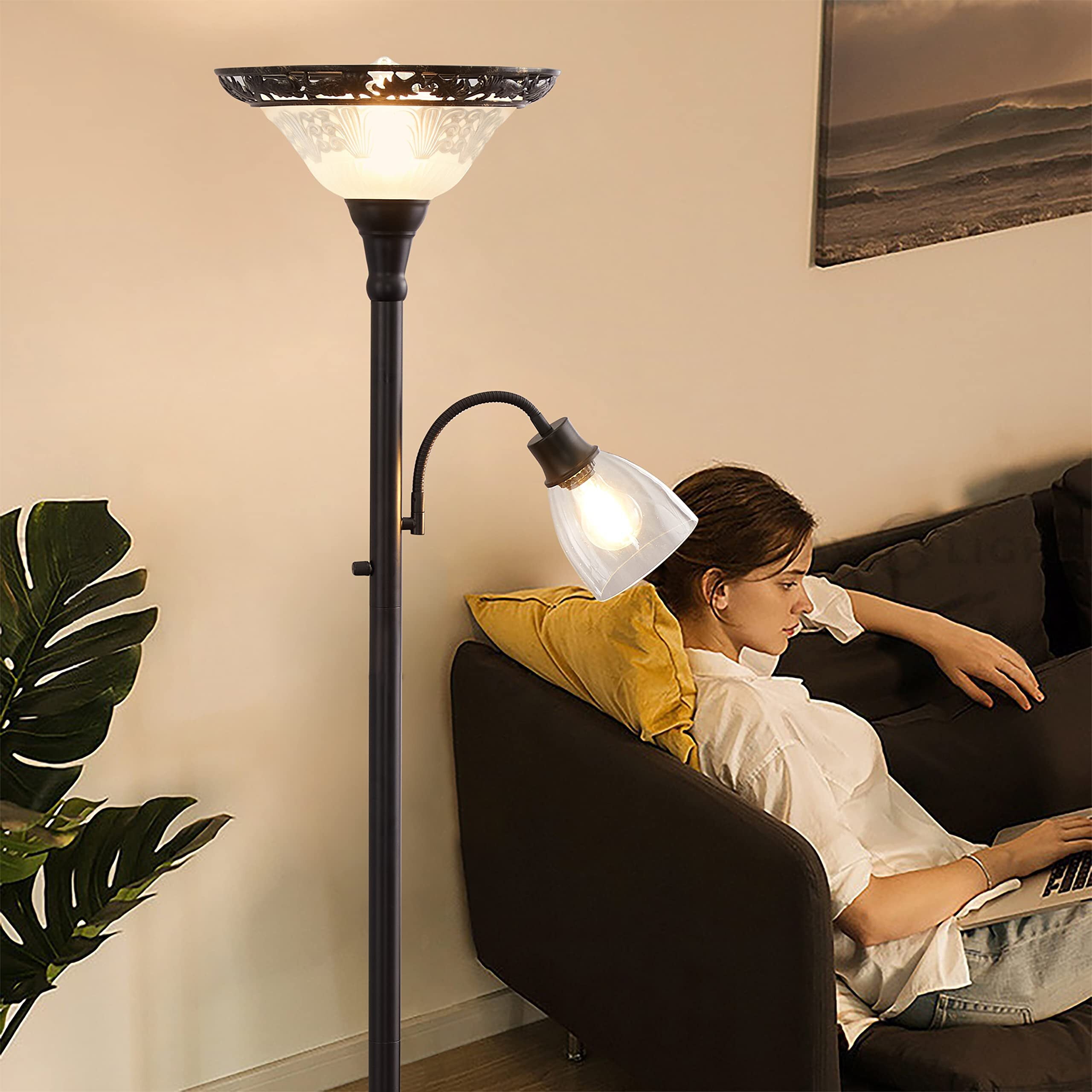 NATYSWAN 70" Victorian Floor Lamp, Etched Glass Shade, Metal Body & Heavy Base, Vintage Tall Corner Lamp for Bedroom, Living Room, Den, Office. No Bulbs (2 Head)