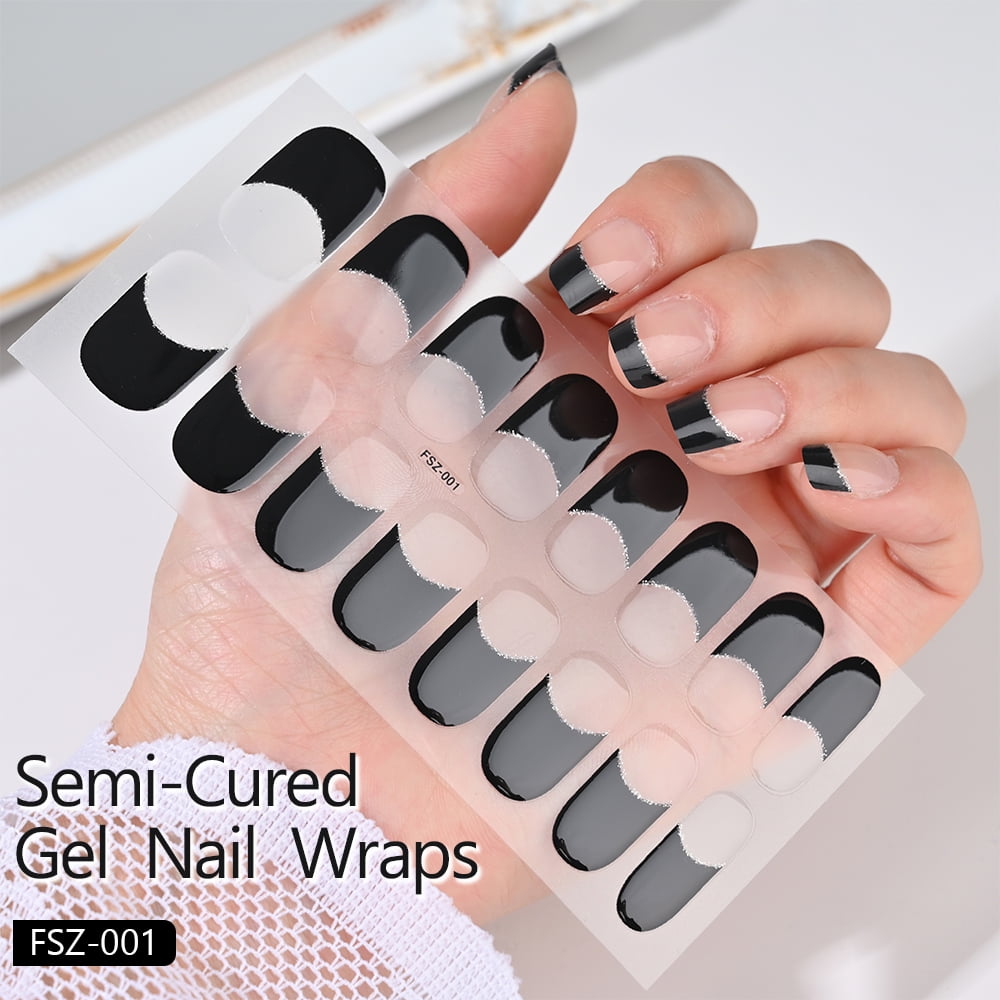 16Tips Semi-Cured Gel Nail Sticker Pure Color UV/LED Lamp Gel Nail Polish Wraps Long-Lasting Full Cover Gel Sticker Nail Decor # #