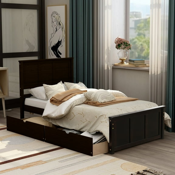 Twin Platform Bed With 2 Slidable Drawers In , Made From Solid Wood And For Use Rolling Color, Crafted Long-term