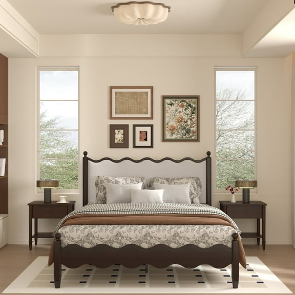 VIPLOV Wood Bed Frame with Full Vintage Wave Headboard, Leather Upholstered Bed Frame, Mattress Foundation, Easy Assembly, White