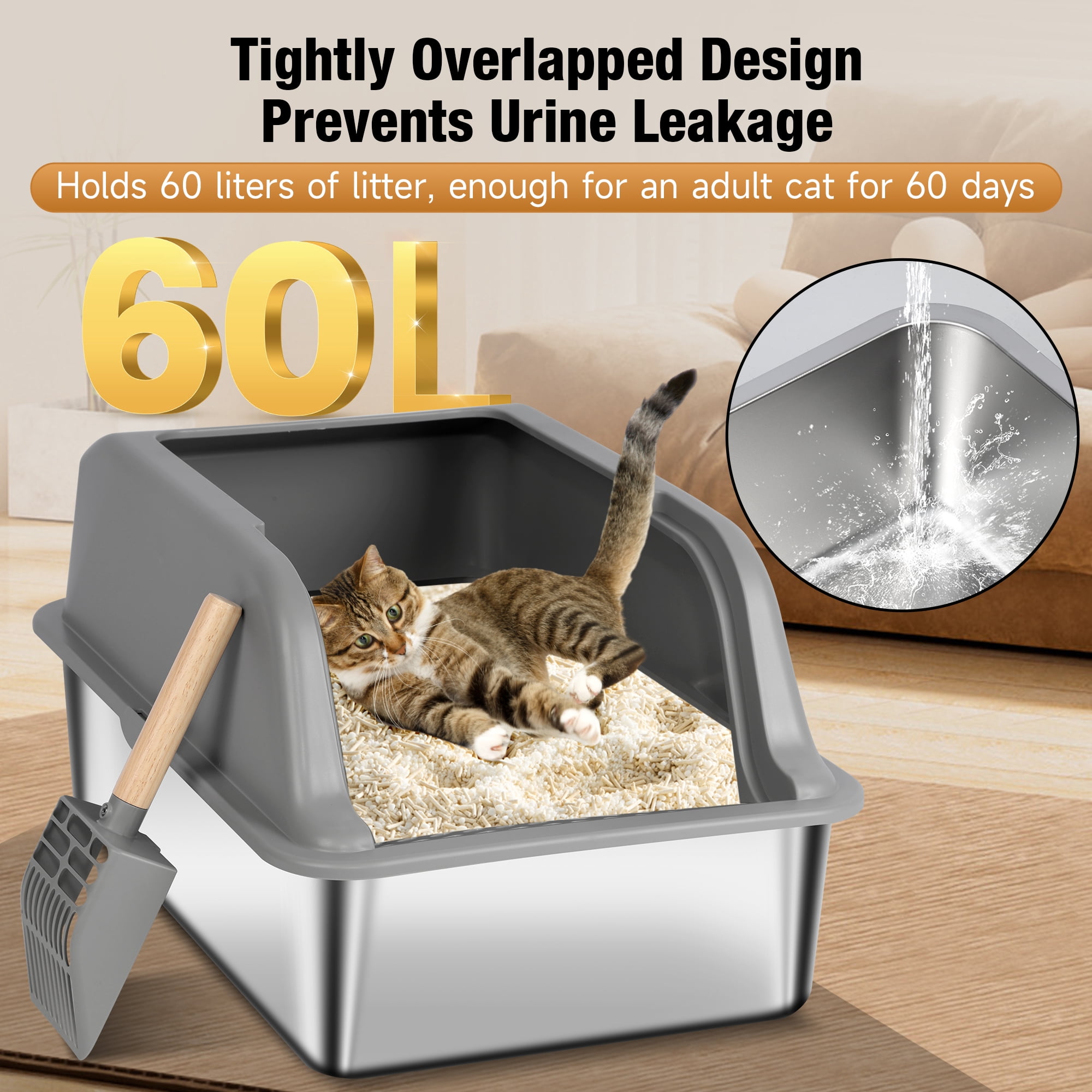Extra Large Stainless Steel Cat Litter Box with Lid,24 x 16 x 15.74-in,High Sided Metal Cat Litter Box for Large Cats & Multiple Cats,with Scoop and Footboard, Gray