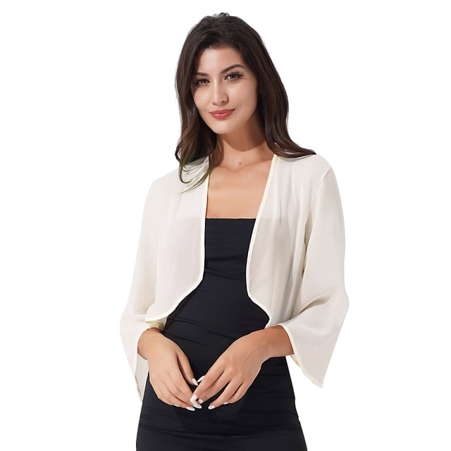 Miaeowve Cardigan Boléro en Mousseline à Manches 3/4 pour Femmes, Veste, Mariage, Fête, Robe de Mariée, Châles, Champagne, L
