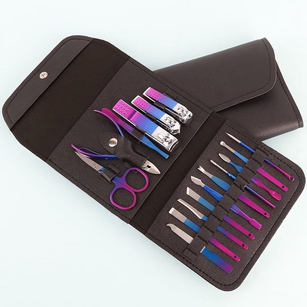 Juego de manicura, cortaúñas profesional, kit de pedicura, 16 piezas, herramientas coloridas para el cuidado de las uñas de acero inoxidable, kit de aseo (colorido)