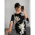 thumbnail image 3 of Black And White Floral Print Maxi Dress With Slit Cuff Sleeve Elegant Fitted Commuter Party Dress, 3 of 7