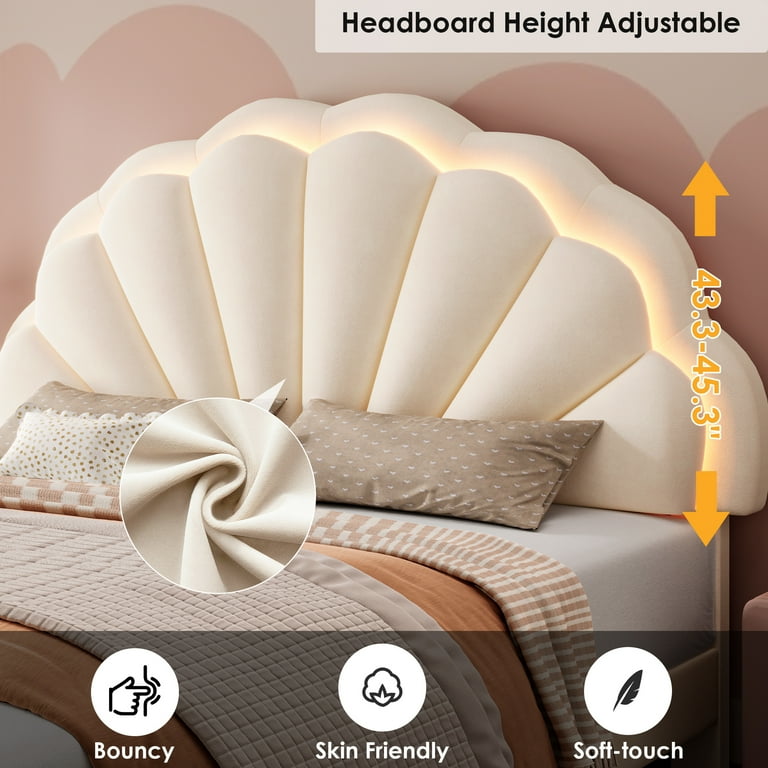 Homfa Full Size LED Bed Frame, Beige Velvet Upholstered