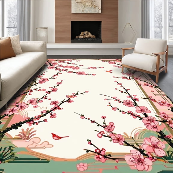 Flatwoven High Traffic Area Rug, Elegant Japanese Spring Aesthetic, Non Slip, Stain Resistant, Washable Area Rugs for Living Room, Bedroom(Pink, 4X6)