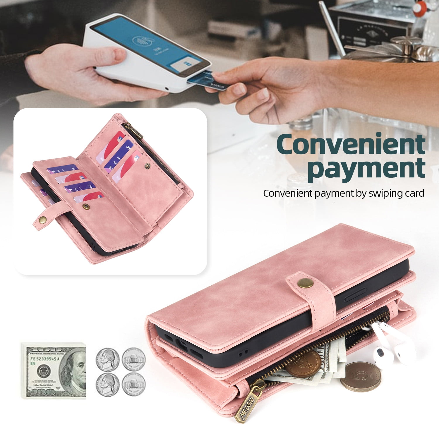 Dteck for Samsung Galaxy S23 FE Case, Samsung S23 FE Case Wallet for Women Men, Durable PU Leather Magnetic Flip Lanyard Strap Wristlet Zipper Card Holder Phone Cases for Galaxy S23 FE 5G,Pink