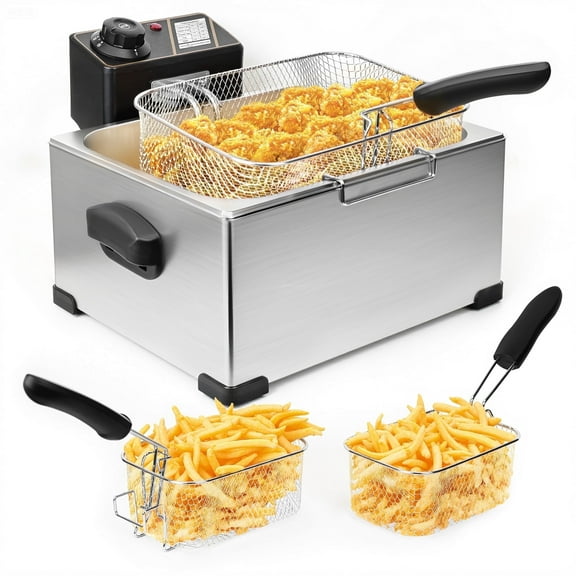 Casualife Deep Fryer with Dual Baskets, 5.3QT Electric Fryer with Adjustable Temp & Timer, Nonstick Tank for Chicken & Fries