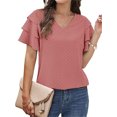 thumbnail image 3 of Camisetas de manga con volantes multicapa para mujer, Camiseta holgada informal, cómoda, cuello en V, Color sólido, Verano, 3 of 5