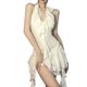 thumbnail image 1 of VISgogo Vestido sin mangas de color sólido para mujer, vestido de verano con volantes y dobladillo irregular con cuello halter y espalda descubierta VISgogo  moda, 1 of 9