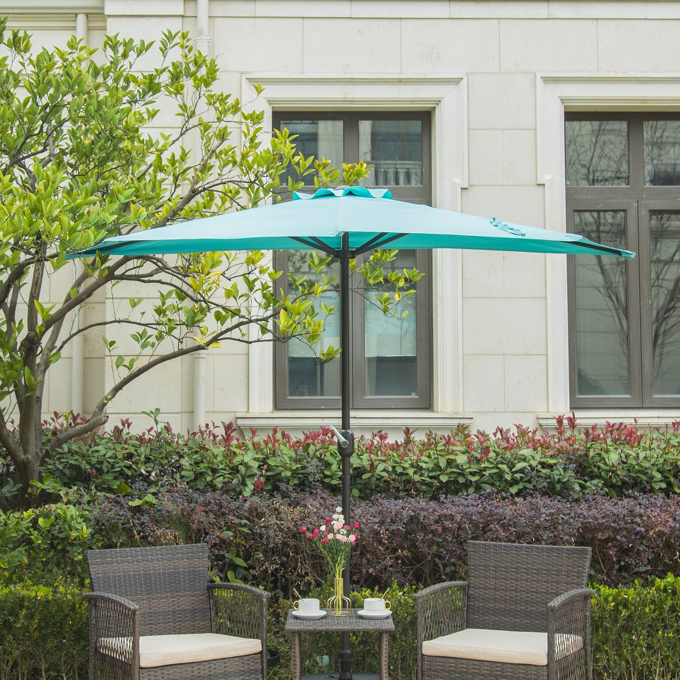 BAYSHORE 9 Ft Half Umbrella with Resin Concrete Base Included for Oudoor Patio, Turquoise