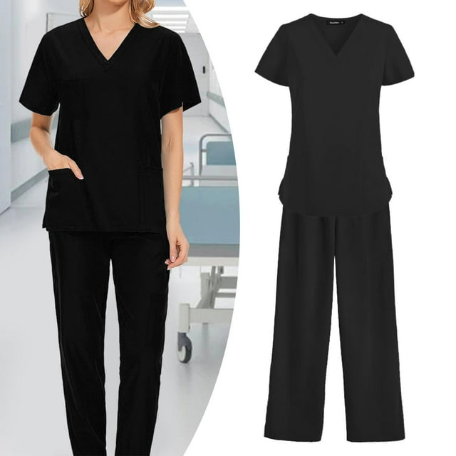 Conjunto de ropa quirúrgica para mujer, camiseta y pantalones quirúrgicos, cuello de uniforme de enfermera elástico de manga corta, exfoliante quirúrg L