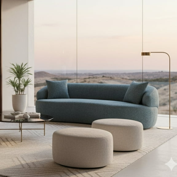 GOMYHOME Modern Curved Sofa, Blue Textured Boucle Couch for Living Room w/ 2 Pillows