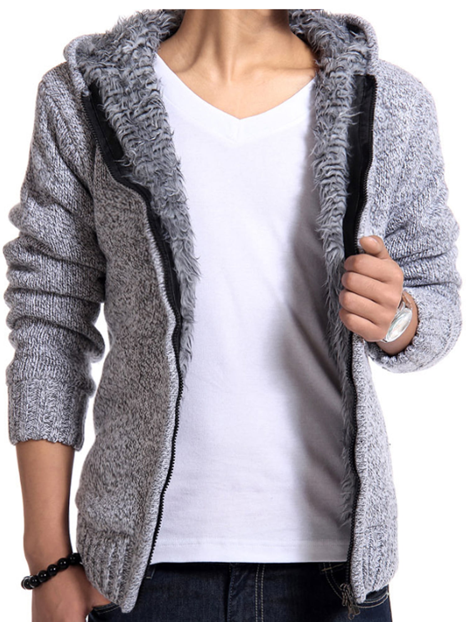 Men Thicken Sweaters Knitting Jacket Hooded Fur lining Long sleeve Coat Casual#