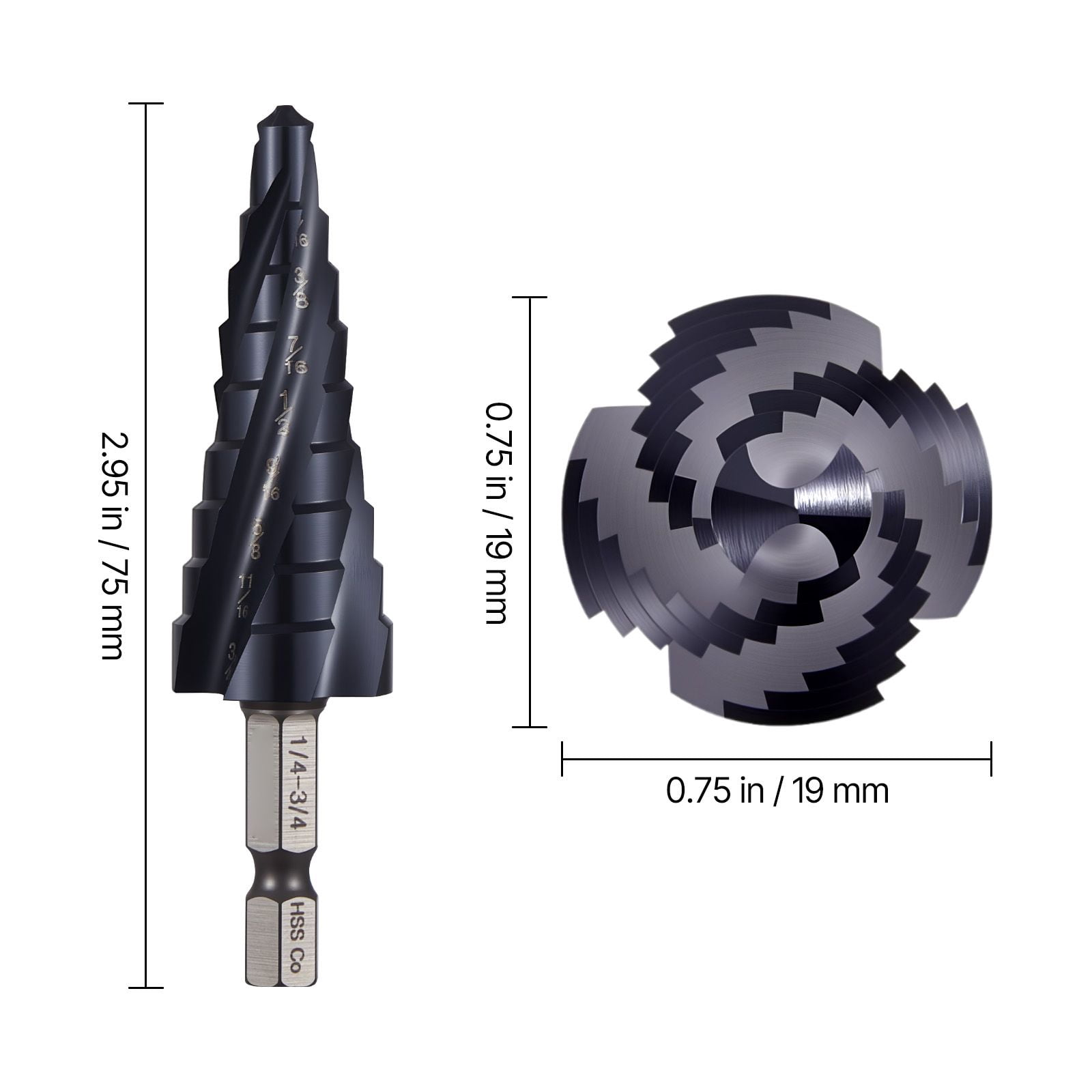 Dranite Step Drill Bit, 1/4" to 3/4", TiAlN Coating Cobalt HSS, Hex Shank for Metal/Wood