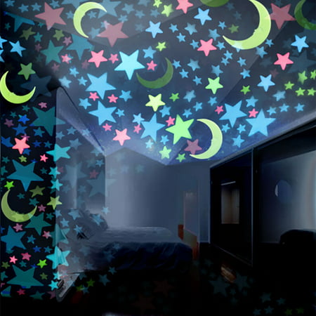 100pc Kids Bedroom Fluorescent Glow In The Dark Stars Moons Wall Stickers