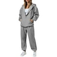 thumbnail image 2 of Travel Outfits for Women 2 Piece Sets Solid Color Zippered Cardigan Sweater Straight Leg Pants Set Plus Size Tracksuit Casual Outfit Gray S, 2 of 9