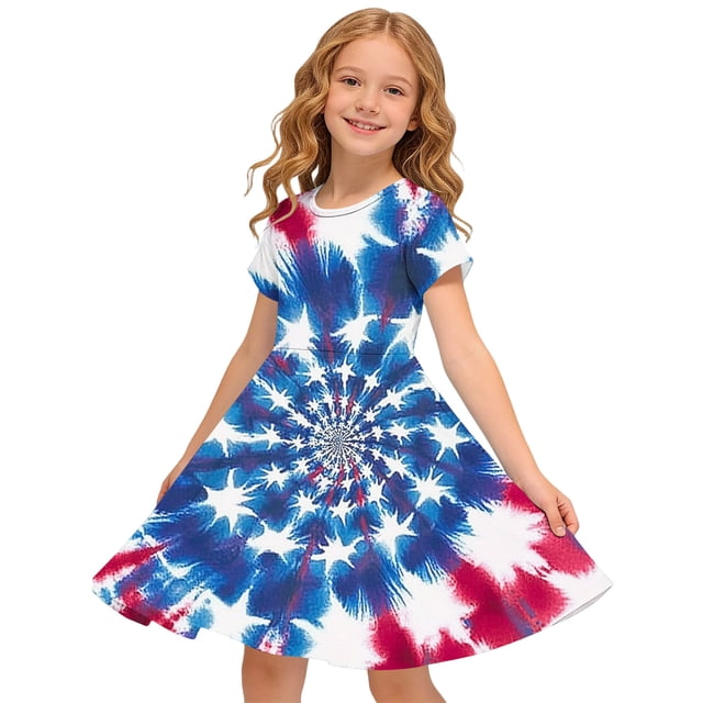 Odeerbi Niñas Día de La Independencia Vestido de Línea A Verano Patriótico Cuello Redondo Manga Corta Vestido Casual