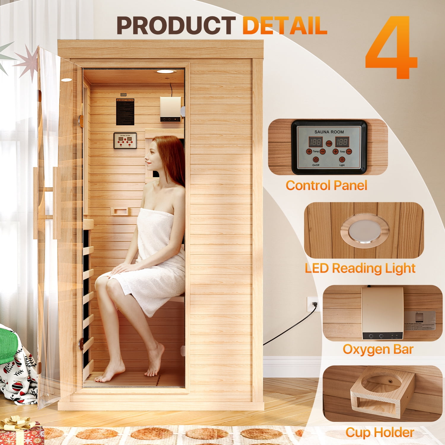 BaPiPro 3x5 FT Infrared Sauna for Home –1 to 2 Person Compact Indoor Spa Room with 4 Infrared Heaters, Canadian Hemlock Wood, Chromotherapy, Bluetooth Speaker