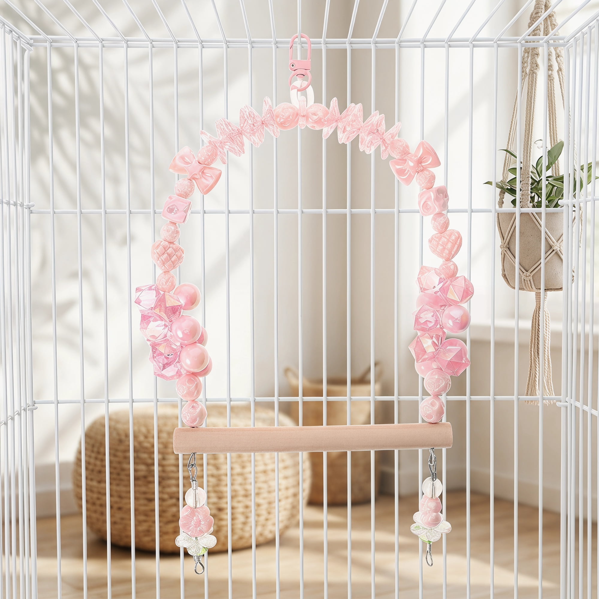 ELAYARD Pink Wooden Bird Swing for Parakeets with Beaded Climbing and Chewing Perch