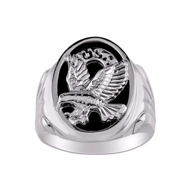 RYLOS Men's Rings Sterling Silver Ring Designer Patriotic Eagle USA Ring With Diamonds and Black Onyx Rings For Men Size 9