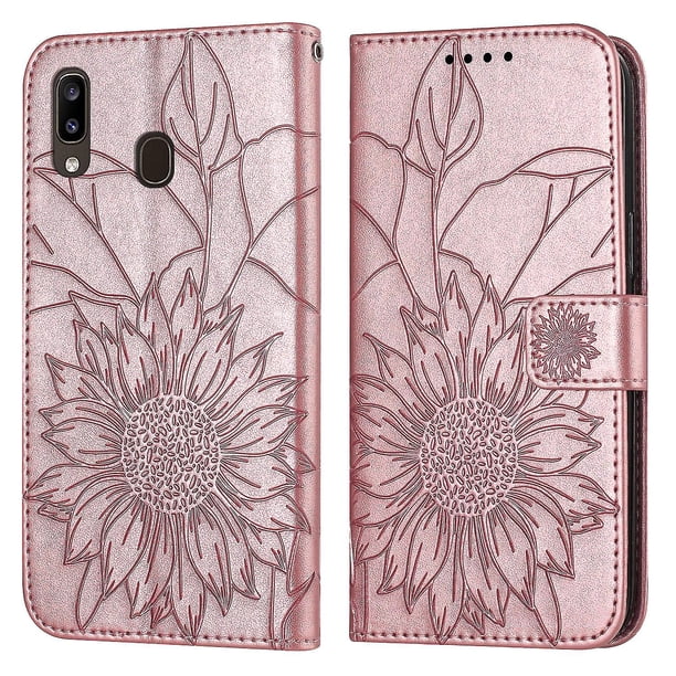 Funda tipo cartera con girasoles grabados para Samsung A40, elegante, multifuncional y con protección total.